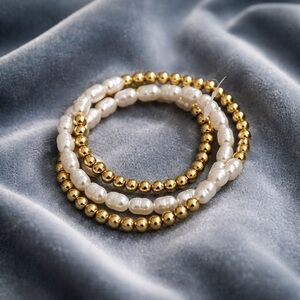 Gold and White Pearl Beaded Stretch Bracelet Set